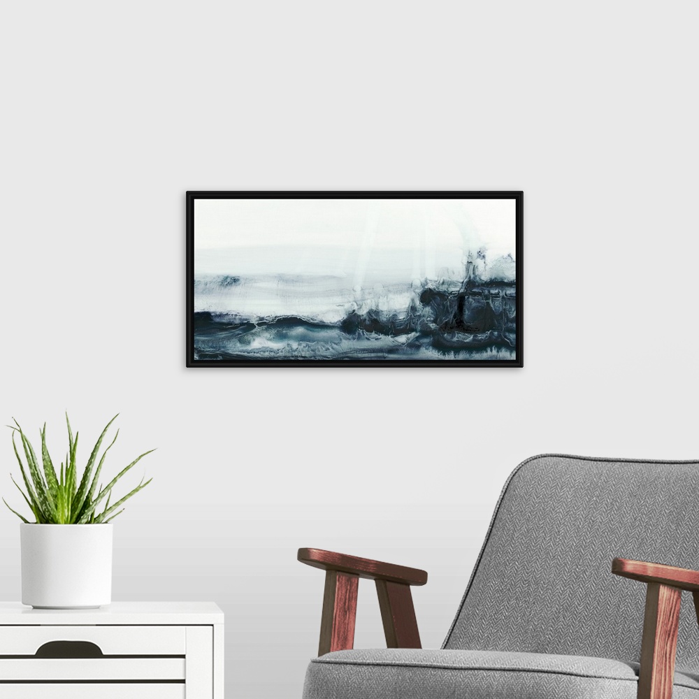 A modern room featuring This contemporary artwork illustrates the fluctuating deep blue sea with energetic brush strokes ...