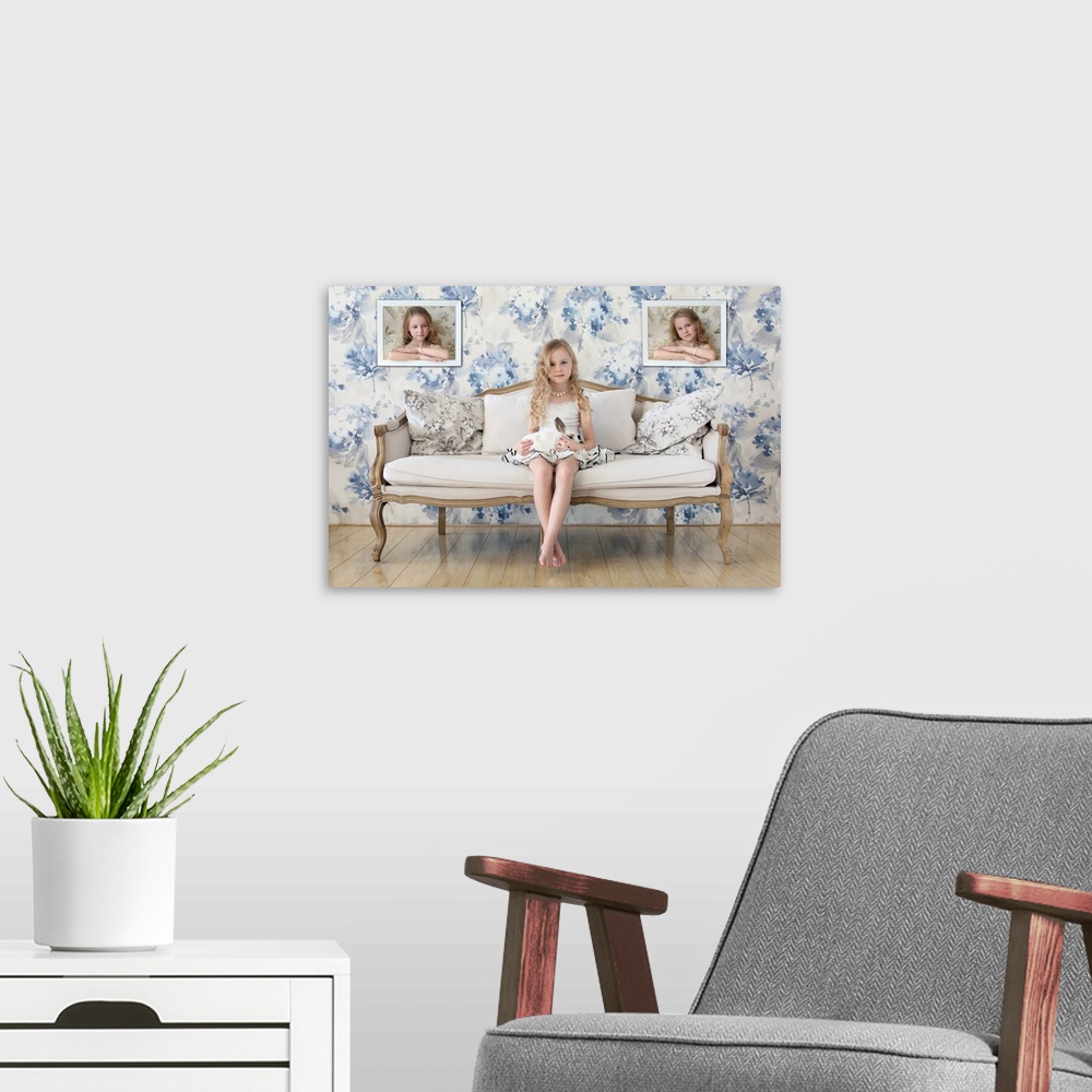 A modern room featuring 3 Little Girls and A White Rabbit