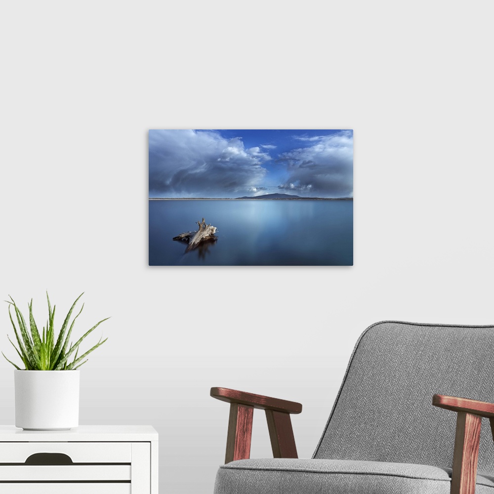 A modern room featuring A piece of driftwood in the still waters of a Polish lake, with a cloudy sky above.