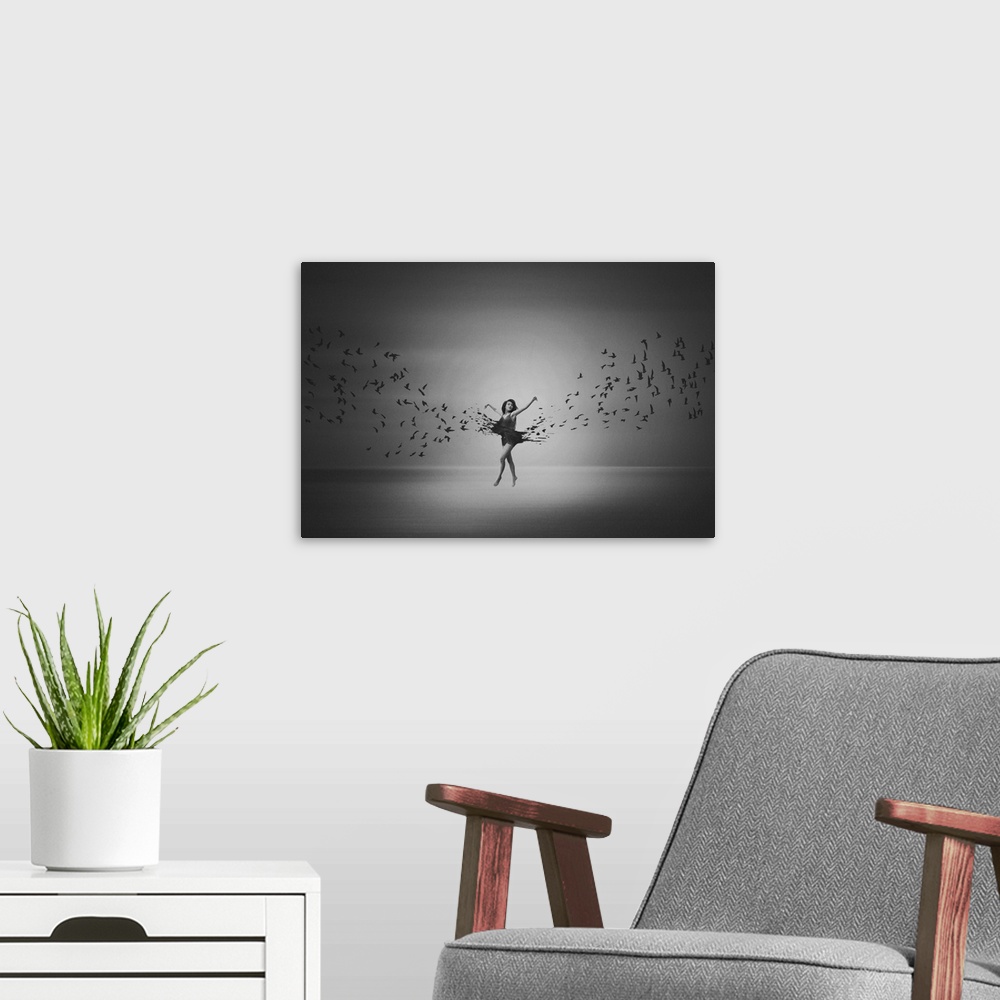 A modern room featuring A ballerina leaping as her dress transforms into birds taking flight.