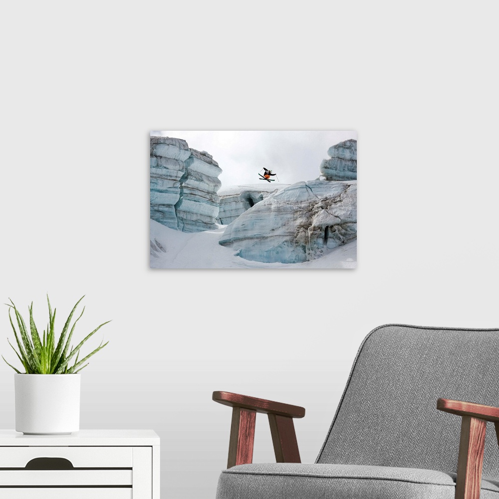 A modern room featuring Candide Thovex 360 a huge chunk of Ice.Vallee blanche, Chamonix, Haute Savoie, France.Commander u...