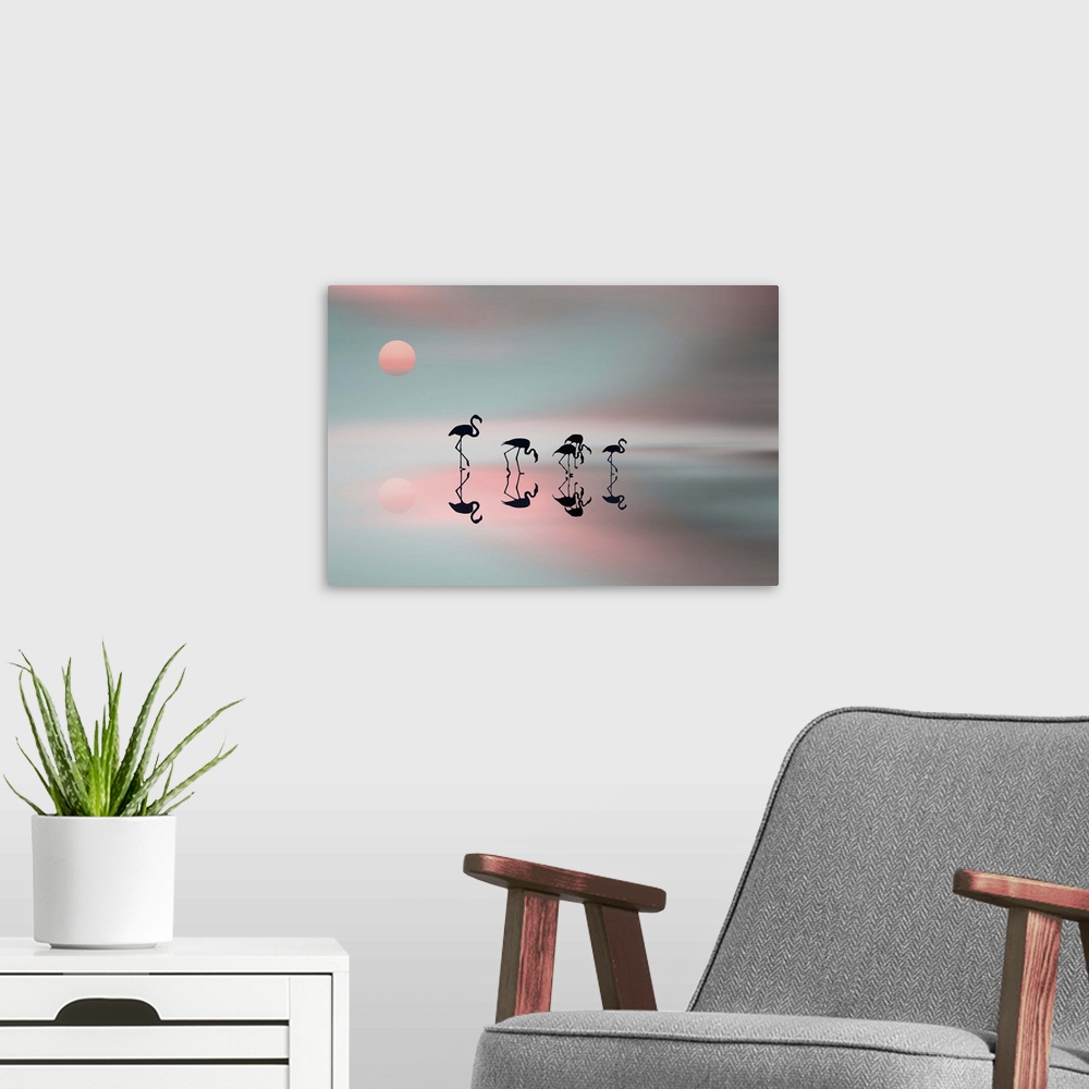 A modern room featuring Five flamingos silhouetted against a pastel sky and water.