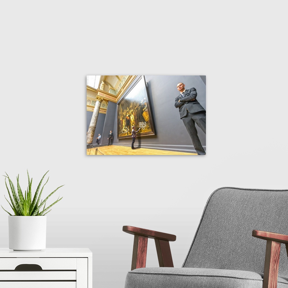 A modern room featuring Humorous image of a child drawing on a famous painting in a museum.