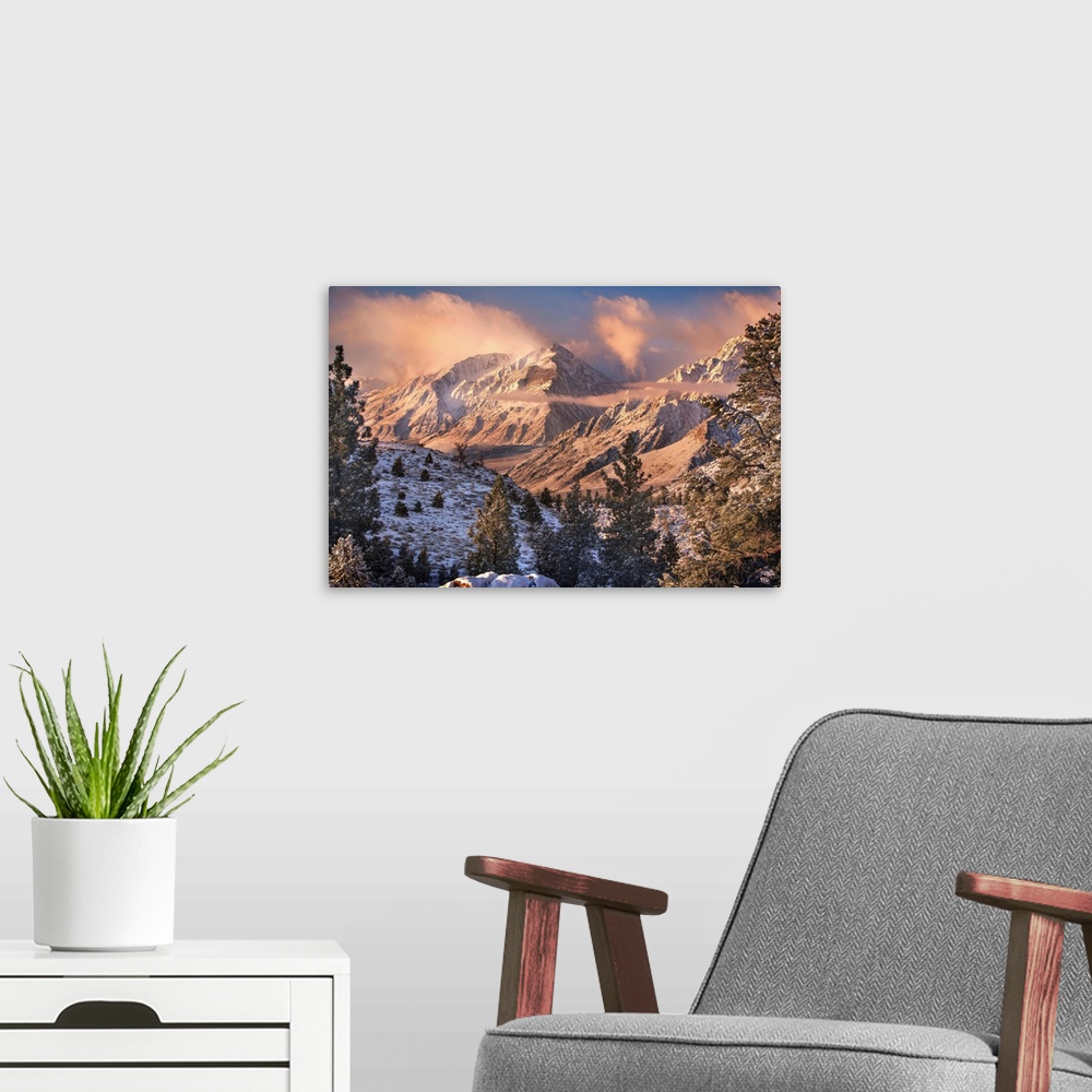 A modern room featuring Soft morning light on Mt. Tom after a snowfall in the Sierra Mountains.