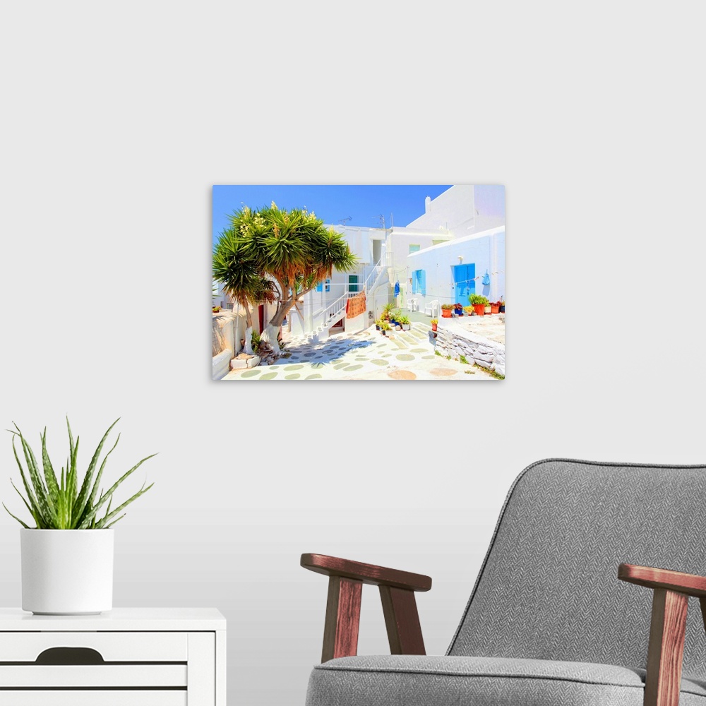 A modern room featuring Mykonos I (From The Series "Postcards From Greece")