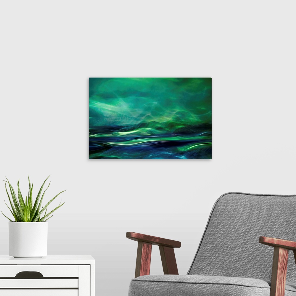 A modern room featuring Fine art abstract photograph of a green toned colorscape.