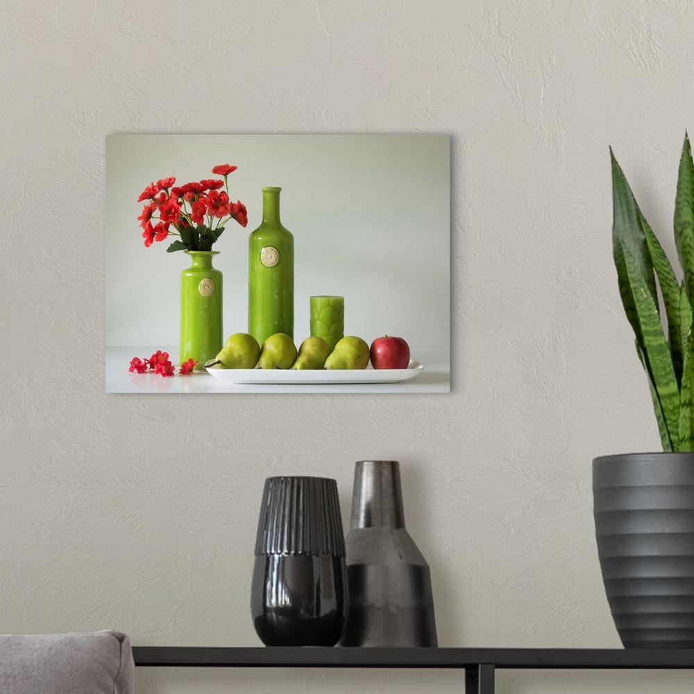 A modern room featuring Red and Green With Apple and Pears