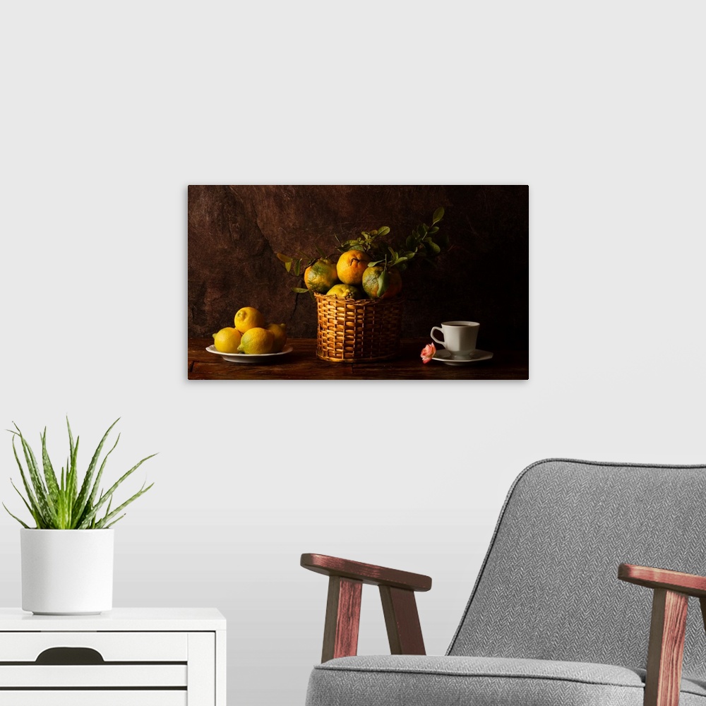 A modern room featuring Still Life With Lemons, Oranges and A Rose