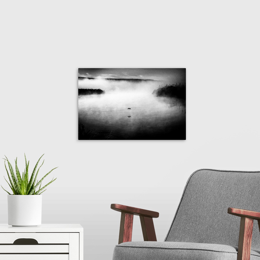 A modern room featuring Black and white image of a bird flying low over a foggy lake.
