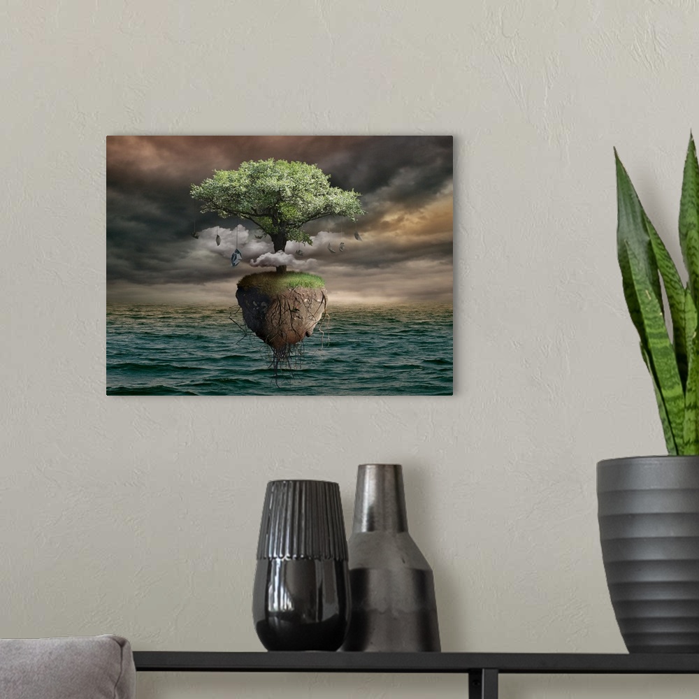 A modern room featuring Conceptual artwork of a tree on an island floating above the ocean.