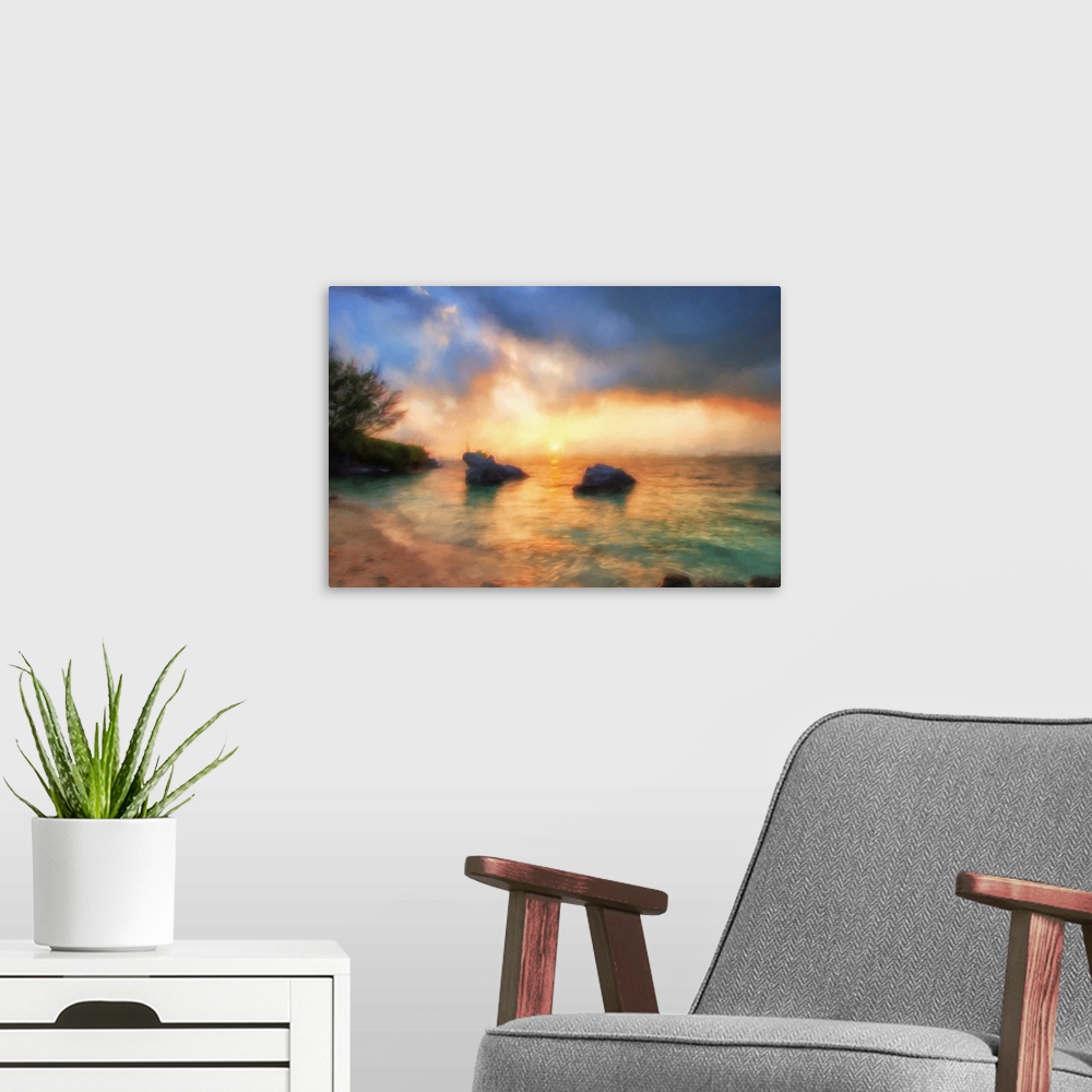 A modern room featuring Ethereal image of a sunset on the horizon of a tropical ocean.