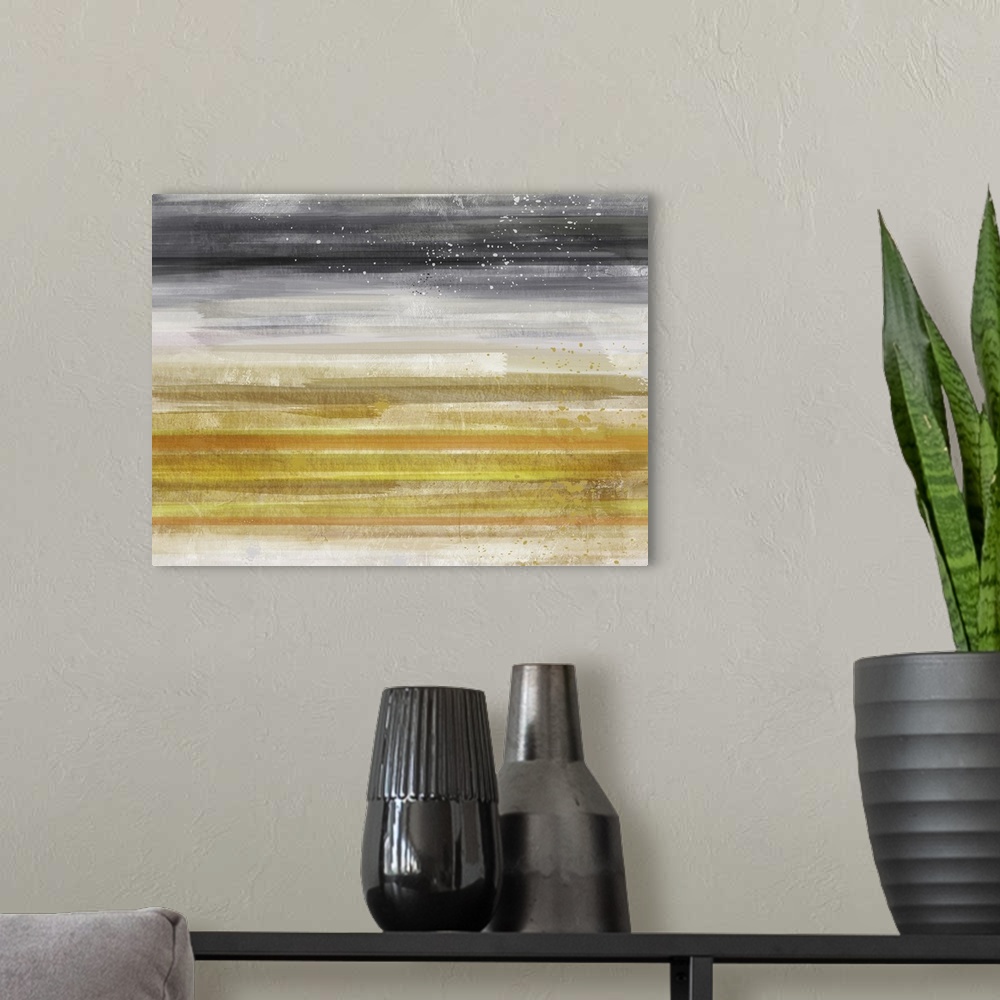 A modern room featuring Abstract painting with horizontal faded streaks in a warm and cool tones.