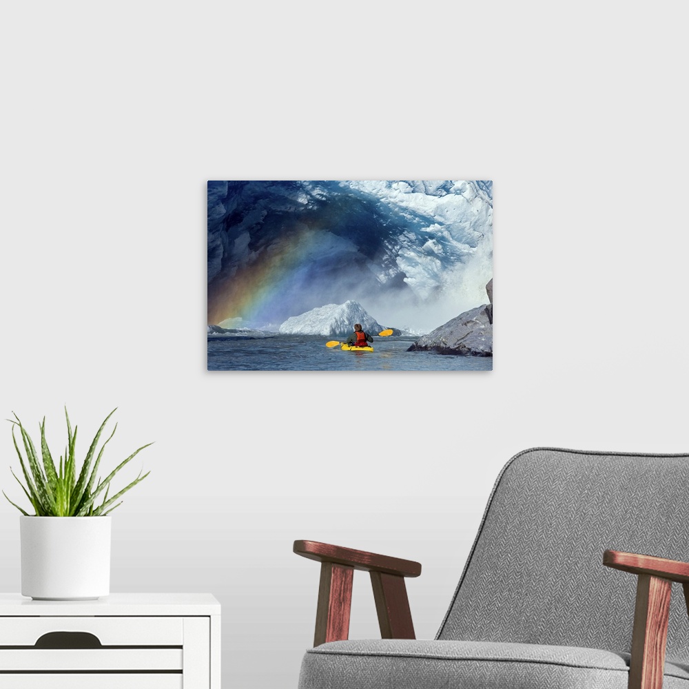 A modern room featuring A kayaker explores a melt stream gushing from beneath Mendenhall Glacier, Mendenhall Lake, Tongas...
