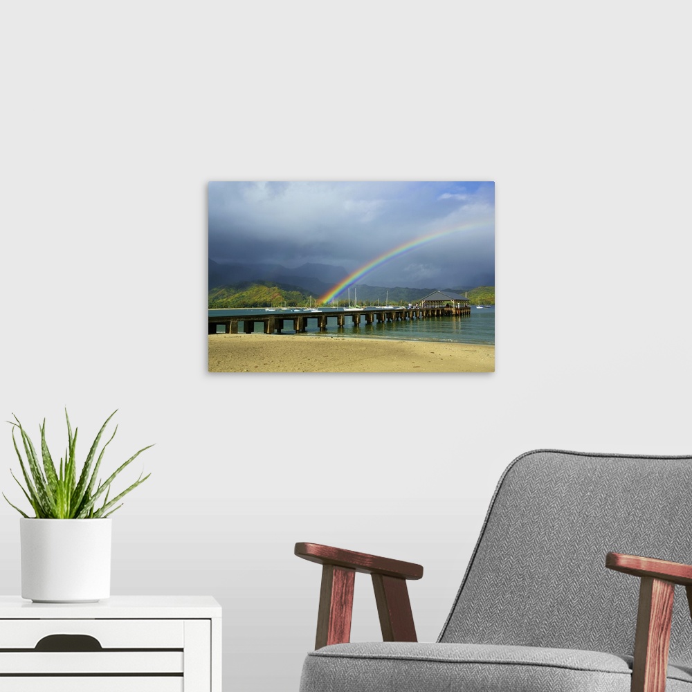 A modern room featuring A Rainbow Over Hanalei Pier In Hanalei Bay; Kauai, Hawaii, United States Of America