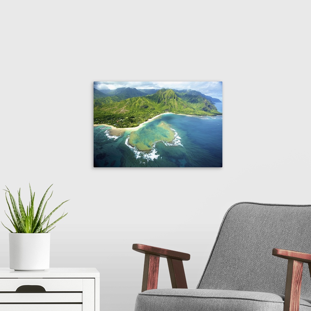 A modern room featuring Aerial View Of The Coastline Of An Hawaiian Island; Na Pali Coast Of Kauai, Hawaii, United States...