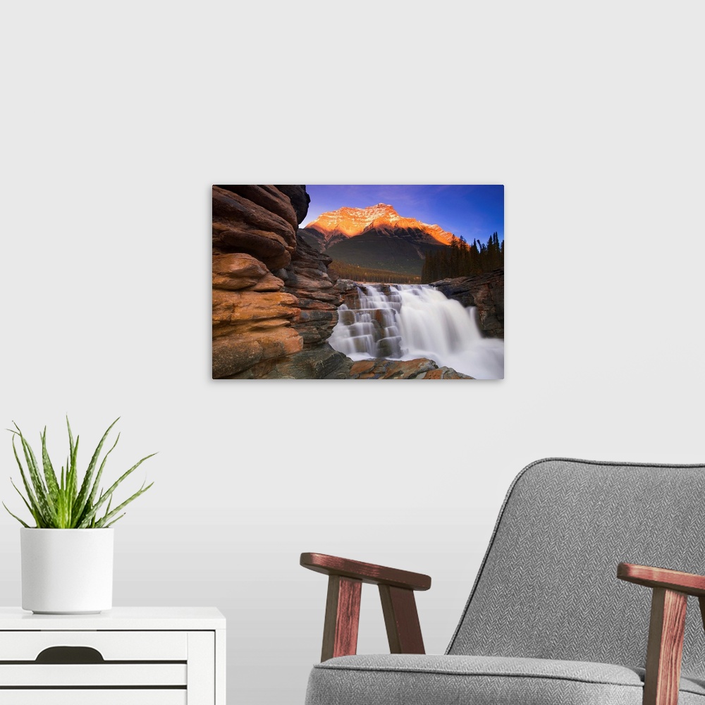 A modern room featuring Beautiful Mountain Waterfall