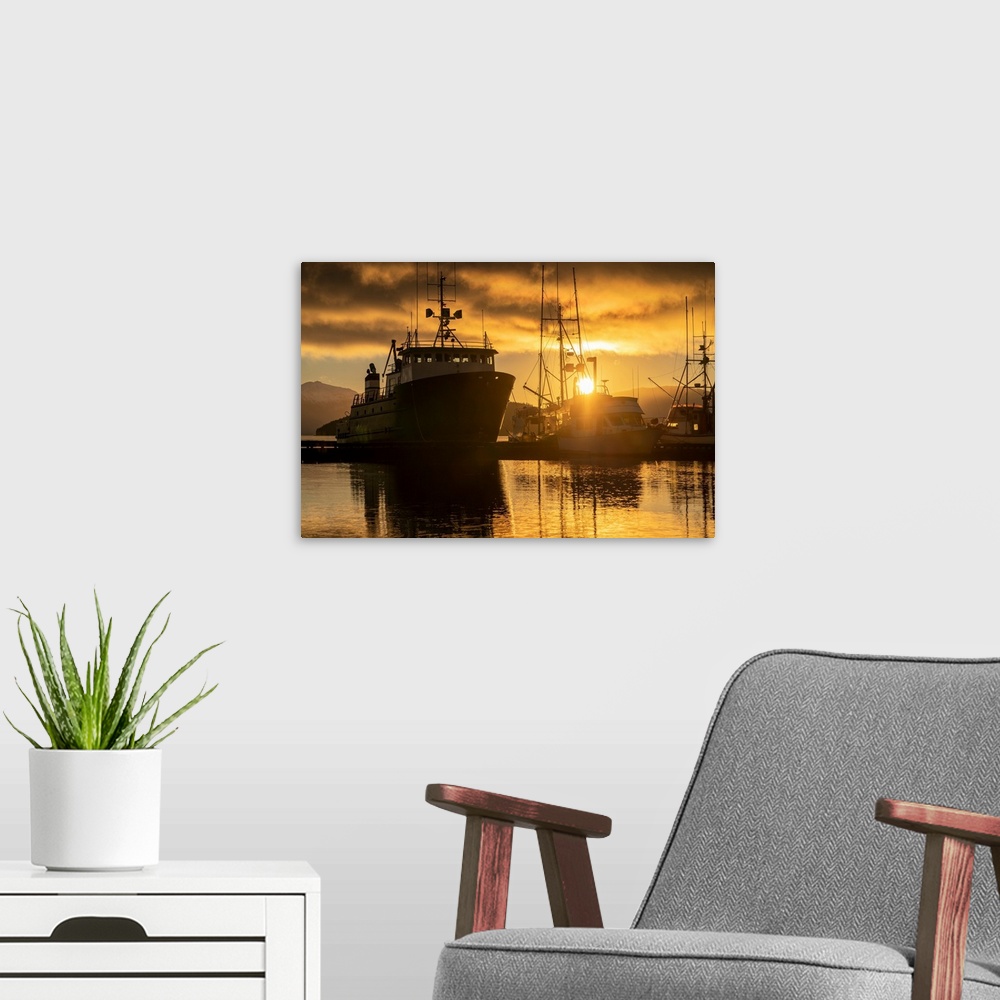 A modern room featuring Commercial fishing boats in Auke Bay at sunset, Southeast Alaska; Juneau, Alaska, United States o...