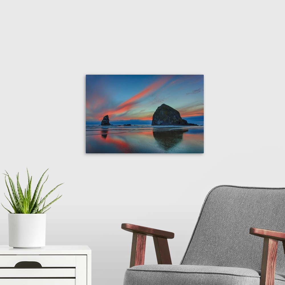 A modern room featuring Dramatic Sunset Light In Clouds, Cannon Beach, Oregon