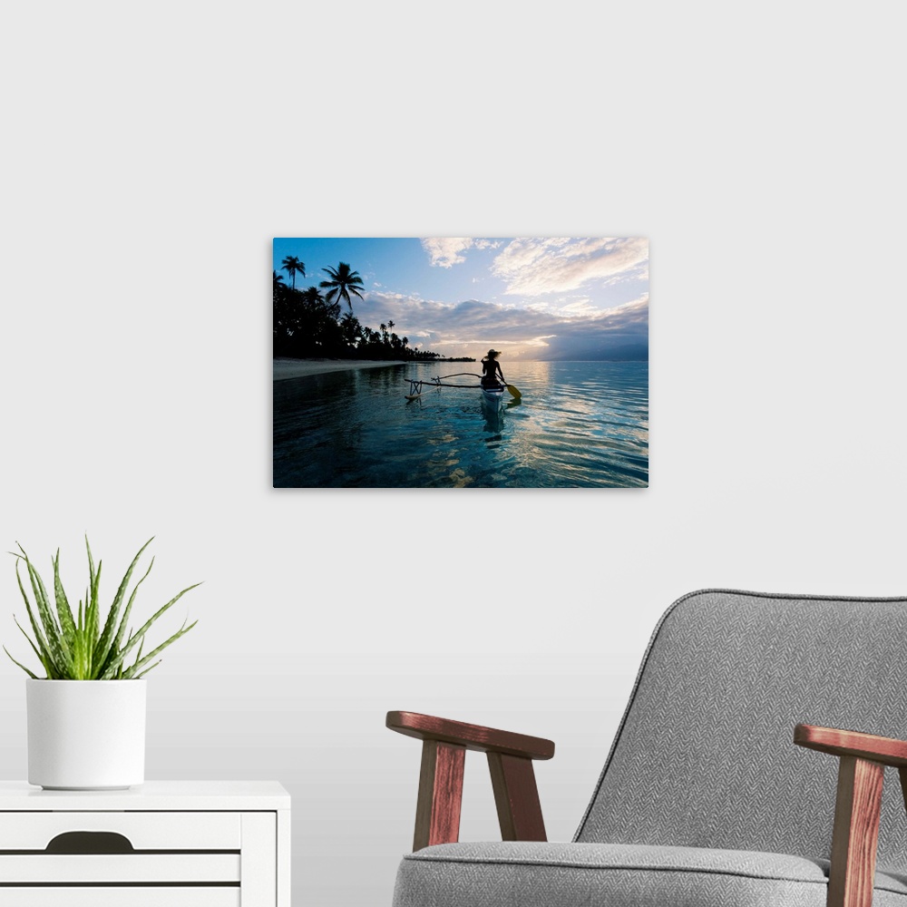 A modern room featuring French Polynesia, Moorea, Woman Paddling In Outrigger Canoe Along Shoreline