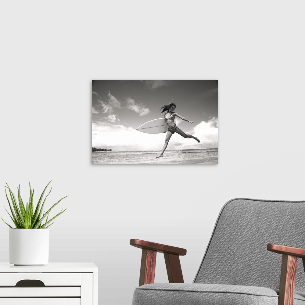 A modern room featuring Hawaii, Kauai, Tunnels Beach, Surfer Girl Enjoying A Day Out, Black And White.