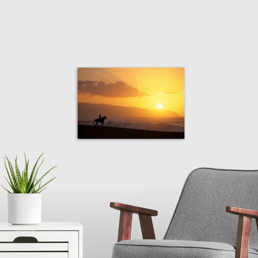A modern room featuring Hawaii, Oahu, North Shore, Girl On Horseback At Sunset On Beach