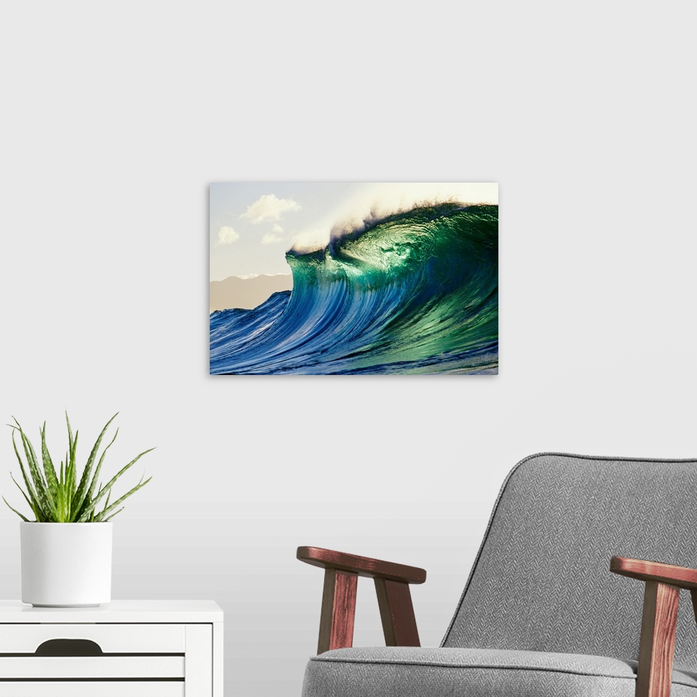 A modern room featuring Hawaii, Oahu, North Shore; Large Green Blue Wave About To Curl, Mountains In Background
