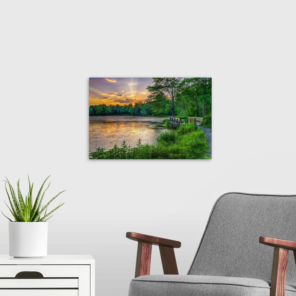 A modern room featuring Lakeside sunset, Bushkill, Pennsylvania, USA