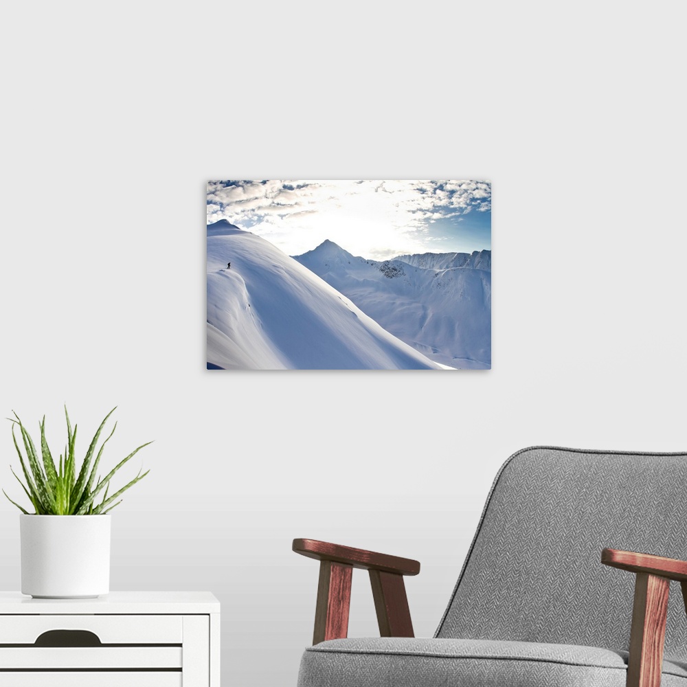 A modern room featuring Man Backcountry Skiing In Powder Snow At Wolverine Bowl, Turnagain Pass, Kenai Mountains, Southce...