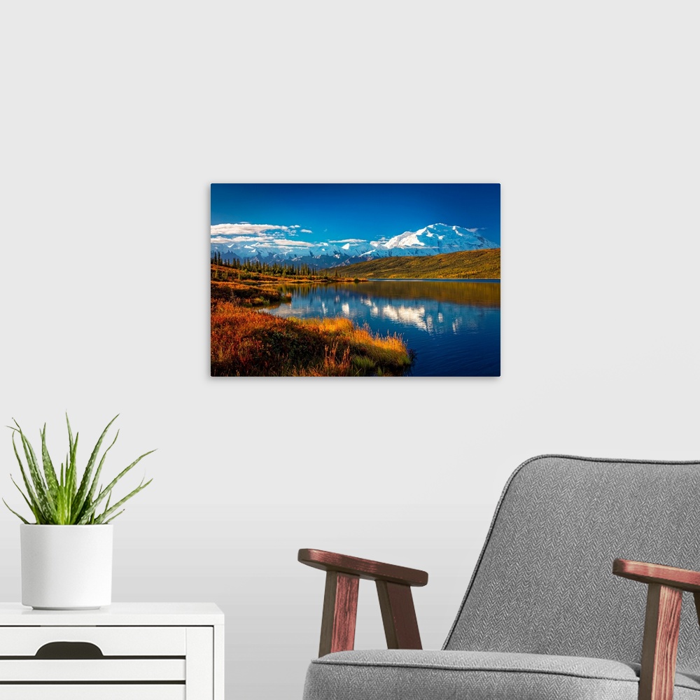 A modern room featuring Mount Denali (McKinley) reflects on Wonder Lake under a blue sky in autumn, Denali National Park ...
