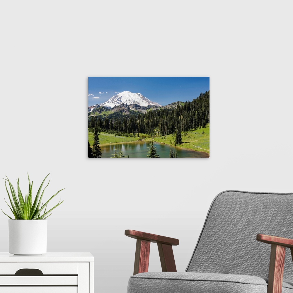 A modern room featuring A view of Mount Rainier above Tipsoo Lake, near the top of Chinook Pass on Highway 410 in the Cas...