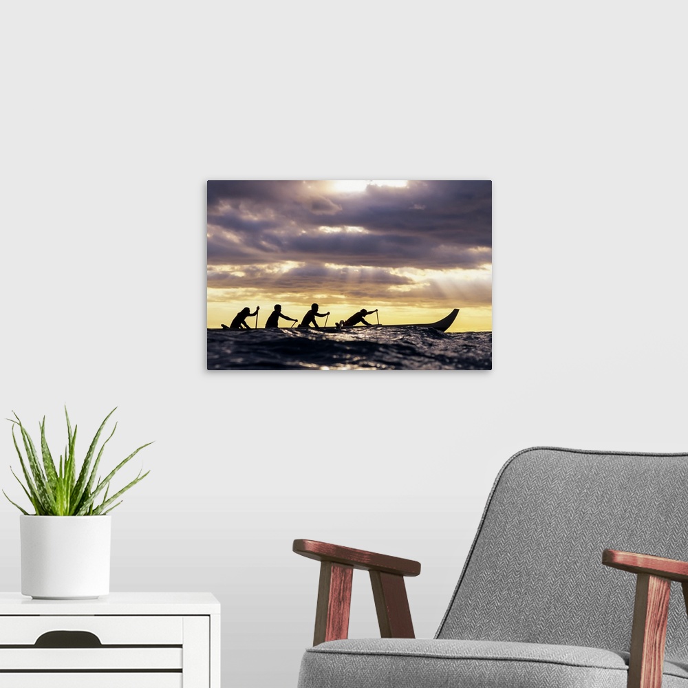 A modern room featuring Outrigger Canoe And Paddlers Silhouetted At Sunset, Sunrays Through The Clouds