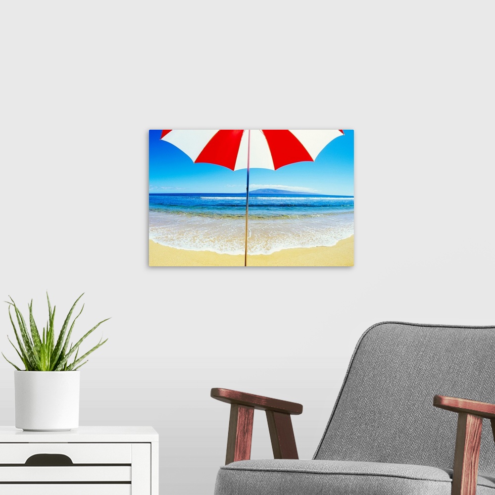 A modern room featuring Red And White Umbrella On The Beach, Blue Sky And Ocean