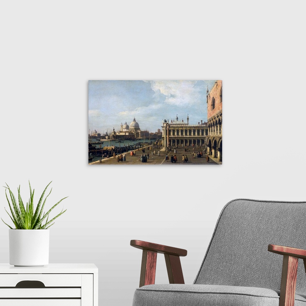 A modern room featuring Painting titled 'Santa Maria Della Salute from the Piazzetta' by Giovanni Antonio Canal, Italian ...