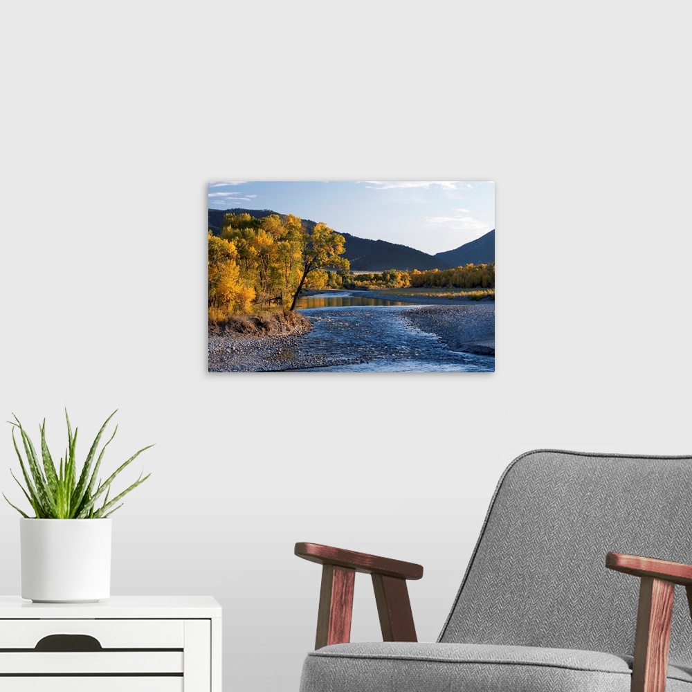 A modern room featuring Scenic view of the Yellowstone River with Absaroka range backdrop, Montana, United States of America
