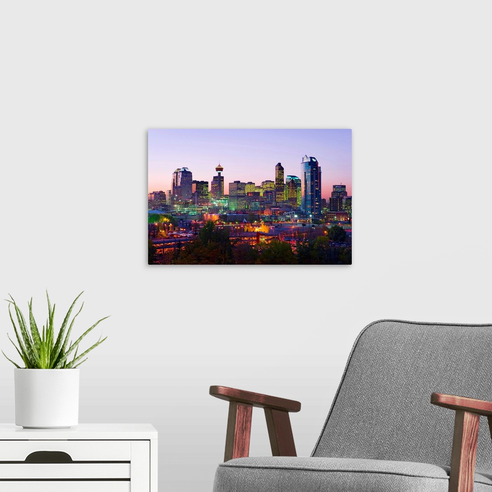A modern room featuring Skyline At Dusk, Calgary, Alberta, Canada