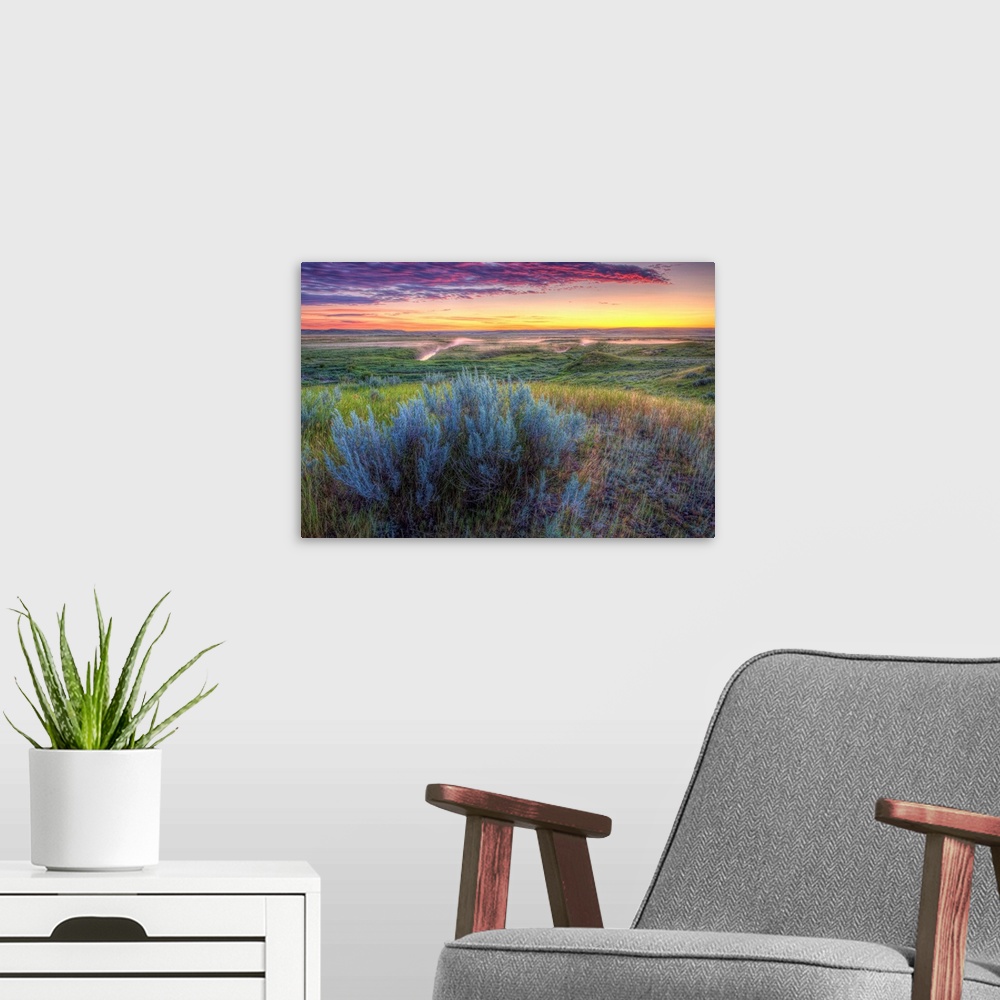 A modern room featuring Sunrise over the Frenchman River Valley in Grasslands National Park; Saskatchewan, Canada