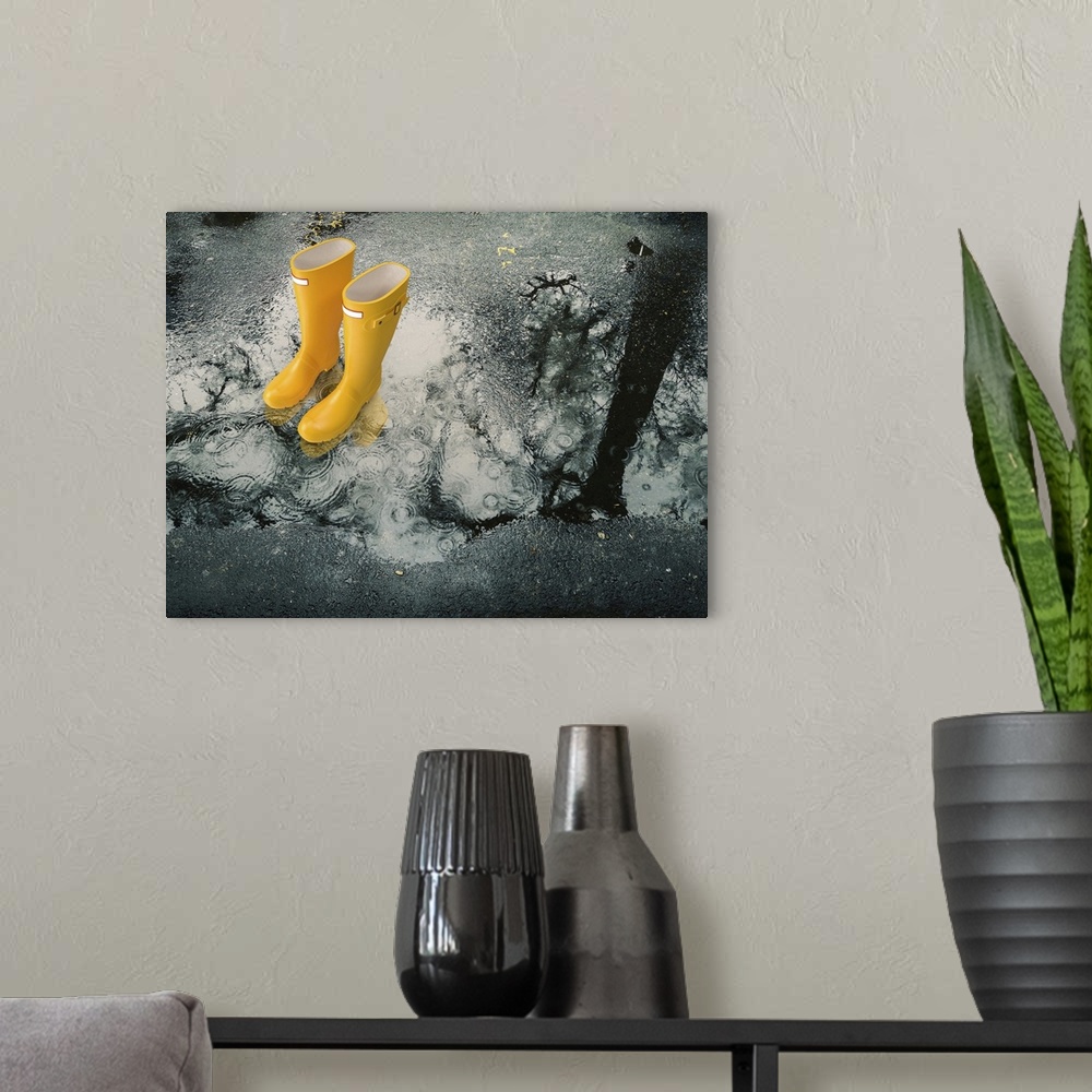Yellow Rubber Boots In A Rain Puddle Wall Art, Canvas Prints, Framed Prints,  Wall Peels