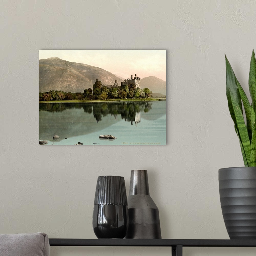 A modern room featuring Hand colored photograph of Kilchurn castle, loch awe, Scotland.