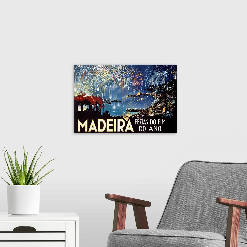A modern room featuring Huge advertising art shows an elaborate set of fireworks going off at night over a busy city and ...