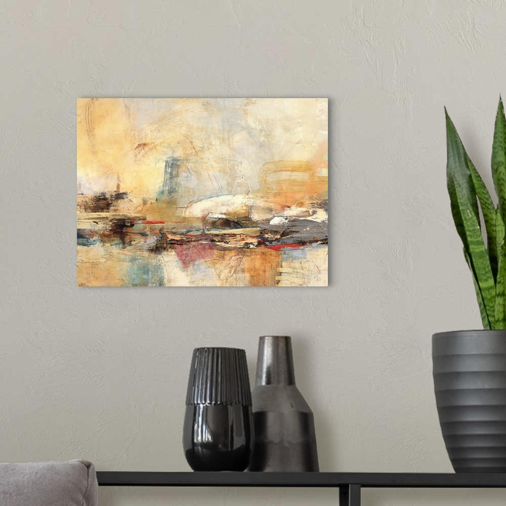 A modern room featuring Contemporary abstract art print in earthy shades of orange and grey with heavy brush textures.