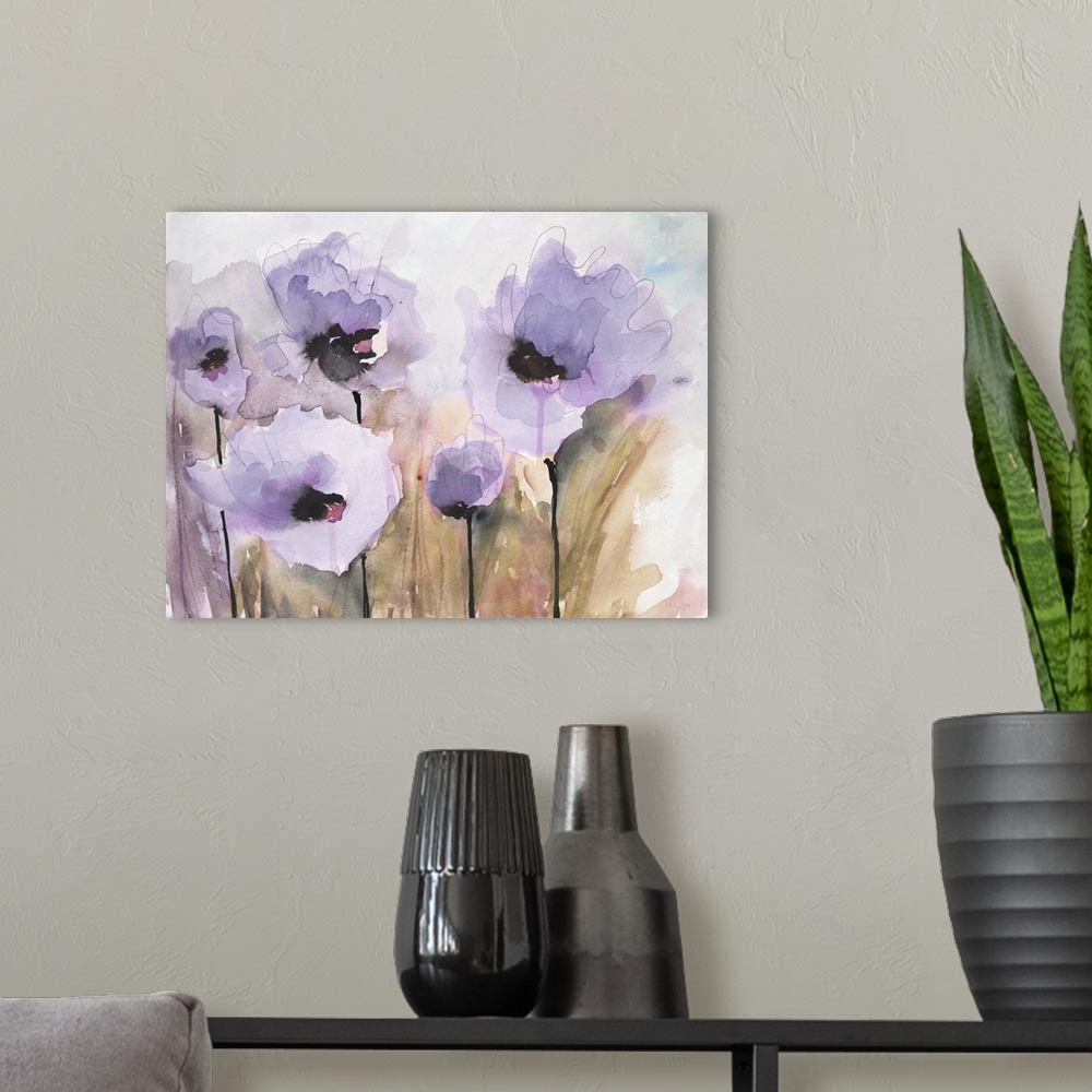 A modern room featuring Contemporary artwork of watercolor flowers with vibrant colors.