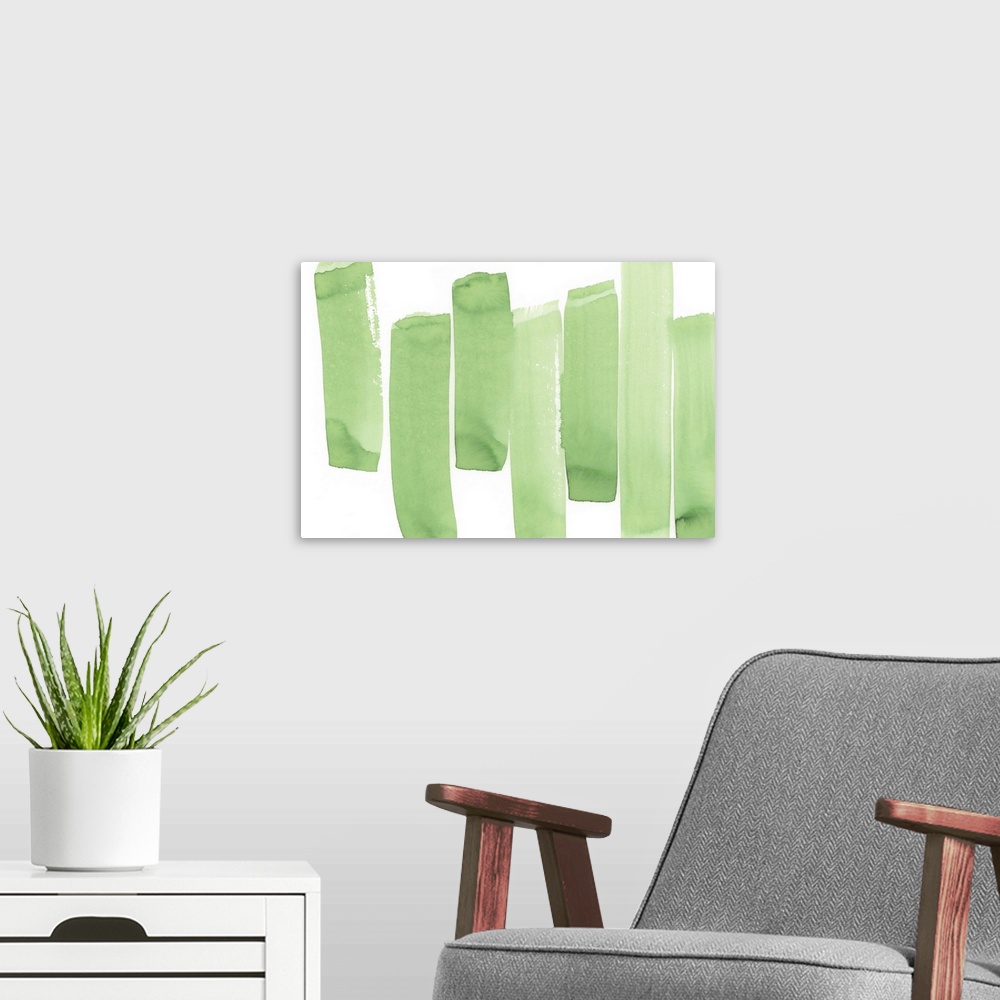 A modern room featuring Contemporary abstract painting of long bright green vertical strokes against a white background.