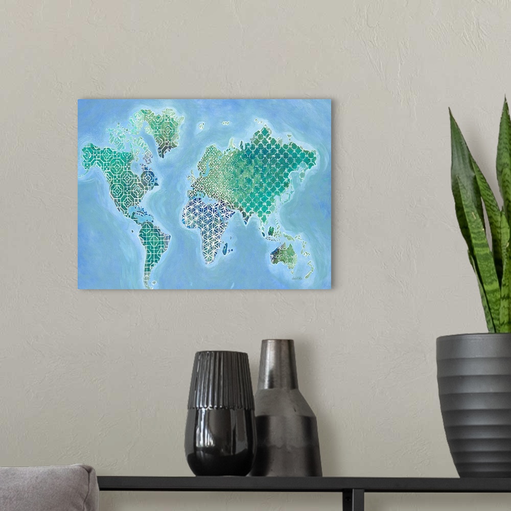 A modern room featuring Map of the world with golden patterns.
