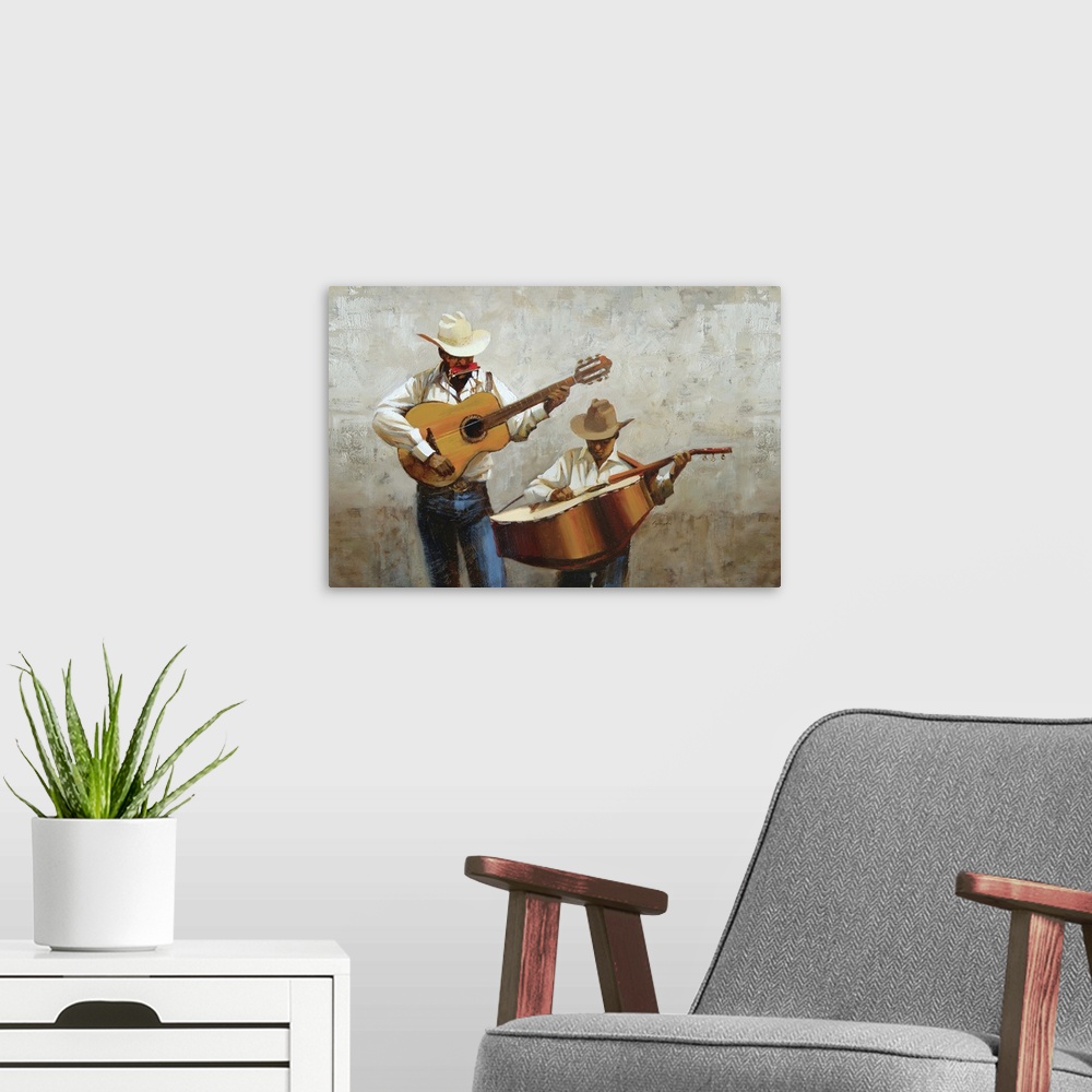 A modern room featuring Painting of two musicians playing instruments and wearing cowboy hats against a gray background.