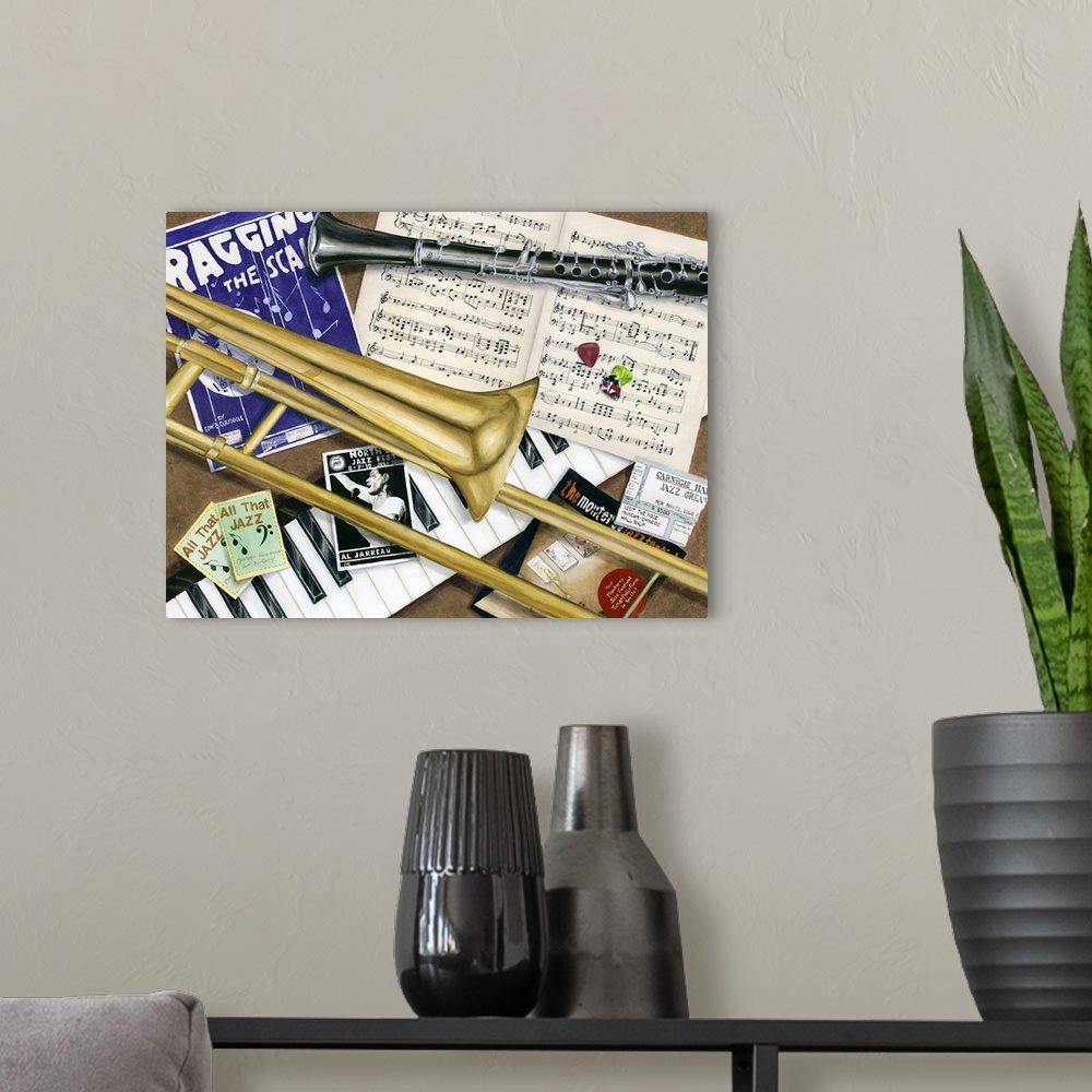 A modern room featuring Contemporary colorful still-life painting of instruments and jazz sheet music.