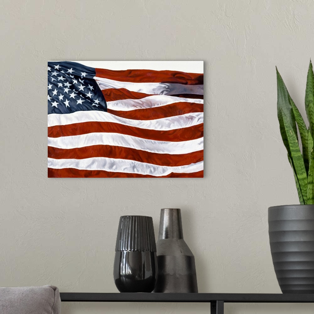 A modern room featuring An American flag waving in the wind.