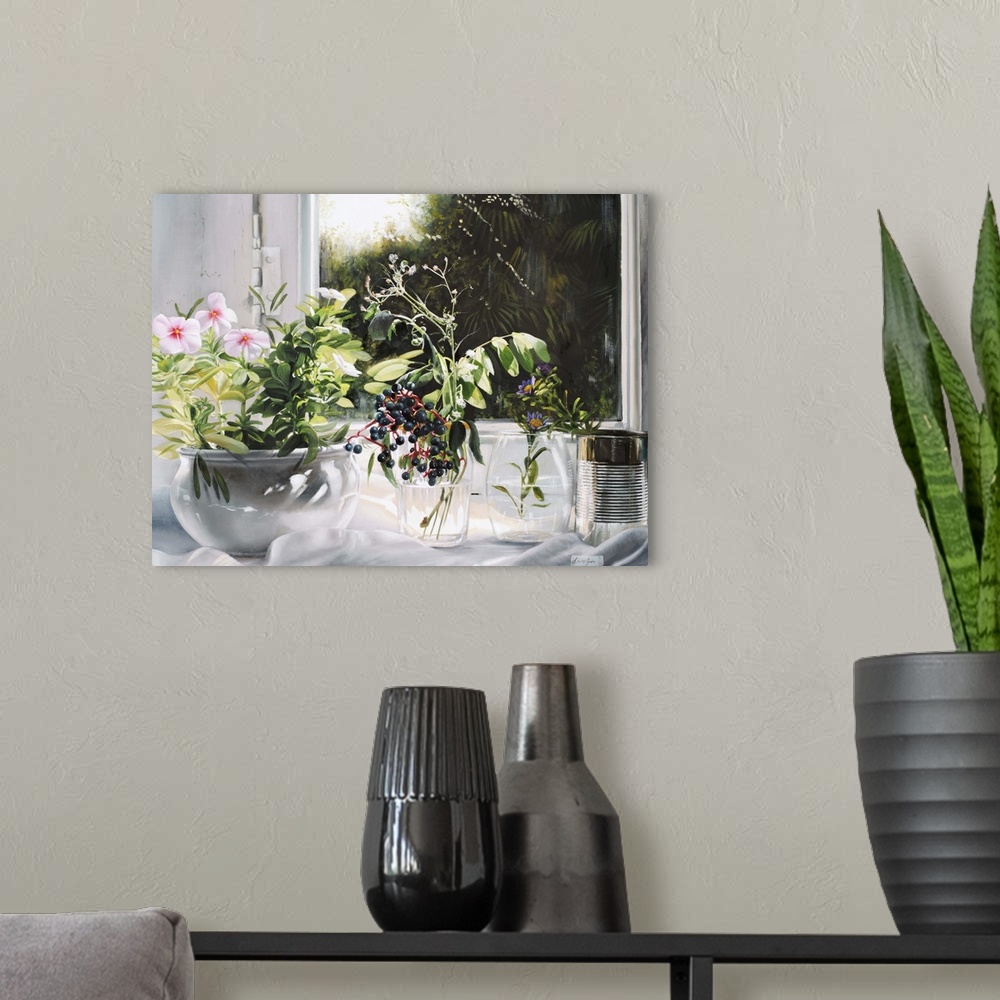A modern room featuring Contemporary still life painting of a round bowl filled with flowers.