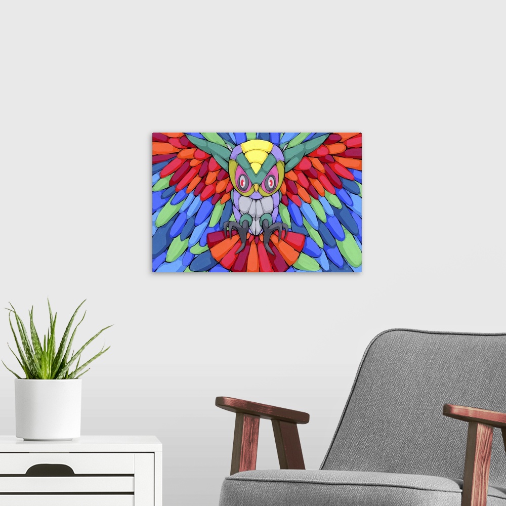 A modern room featuring Pop art painting of an owl with talons and wings outstretched.