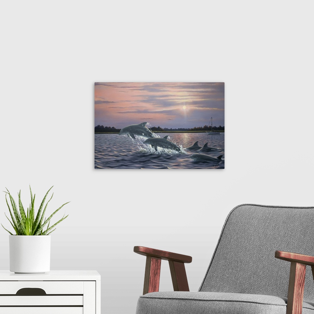 A modern room featuring Contemporary artwork of dolphins breaching and leaping out of the water.