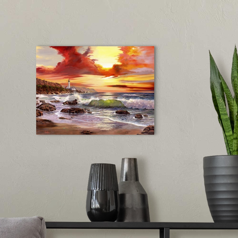 A modern room featuring Contemporary painting of waves coming in on the rocky shore, a lighthouse in distance, and a fire...